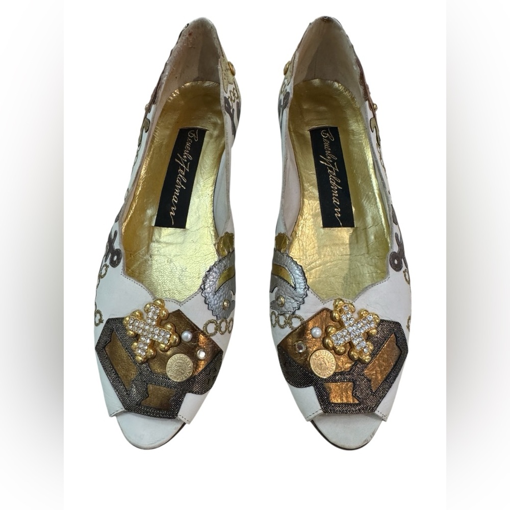 Beverly Feldman Vintage Nautical Flats Gold Ivory 7B